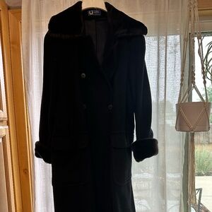 Black Wool Pea Coat with Fur Trim